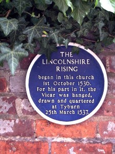 Plaque commemorating the Lincolnshire Rising, opposite south entrance to St James's church, Louth.