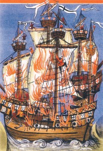 Marie la Cordelière and the English Regent ablaze, illustration for a poem by Germain de Brie