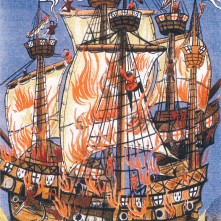 Marie la Cordelière and the English Regent ablaze, illustration for a poem by Germain de Brie
