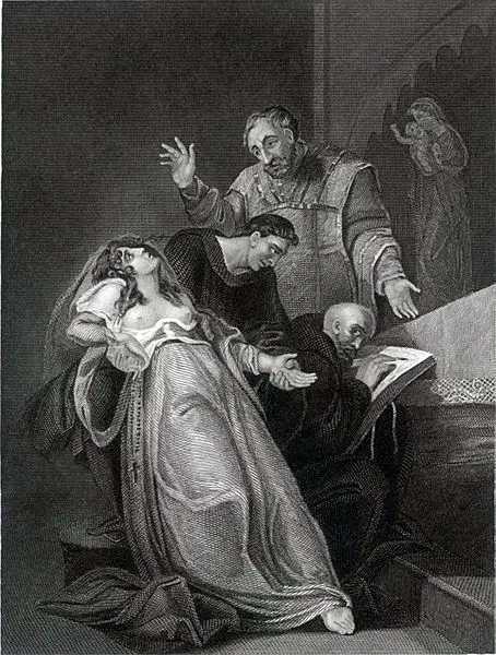 An engraving of Elizabeth Barton swooning with a vision
