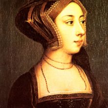 A portrait of Anne Boleyn from the collection at Hever Castle. She's depicted wearing a gable hood.
