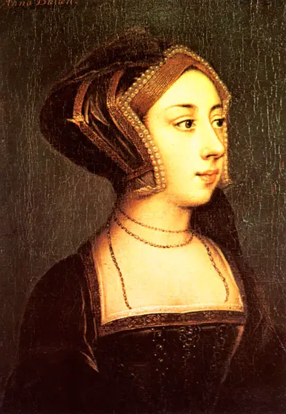 A portrait of Anne Boleyn from the collection at Hever Castle. She's depicted wearing a gable hood.