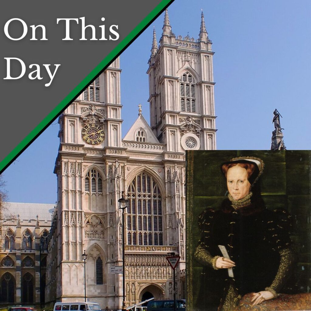 Photo of Westminster Abbey and a portrait of Mary I
