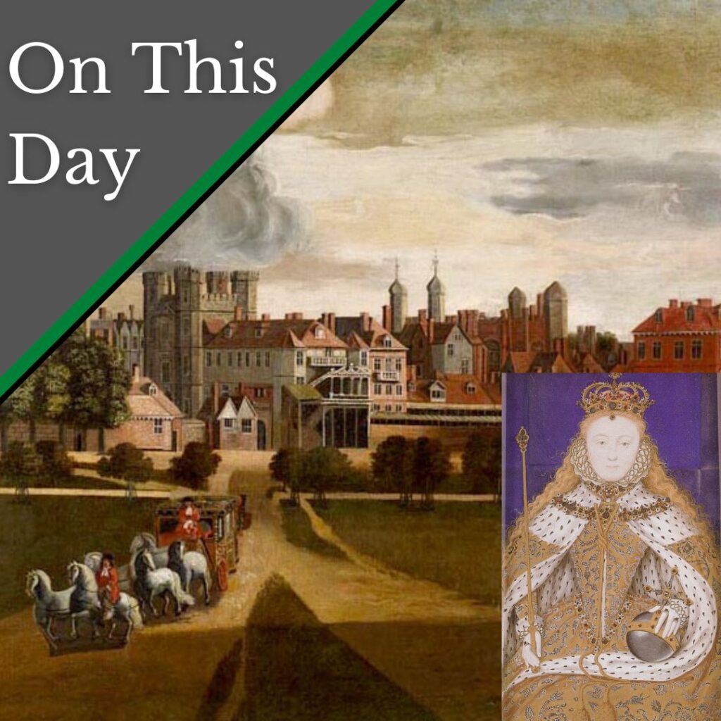 The Old Palace of Whitehall by Hendrick Danckerts, and a miniature of Elizabeth I at her coronation.