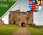 Photo of the ruins of Brougham Castle, Henry Clifford's home, and a picture of the earl's arms.