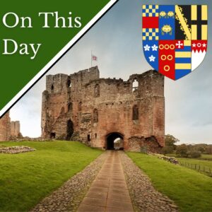 Photo of the ruins of Brougham Castle, Henry Clifford's home, and a picture of the earl's arms.