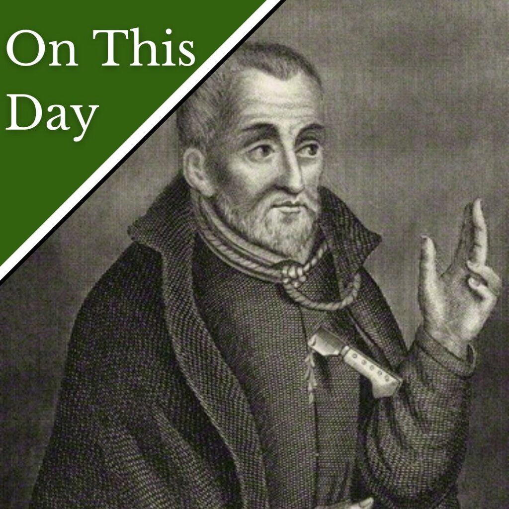 Engraving of St Edmund Campion with a knife in his chest