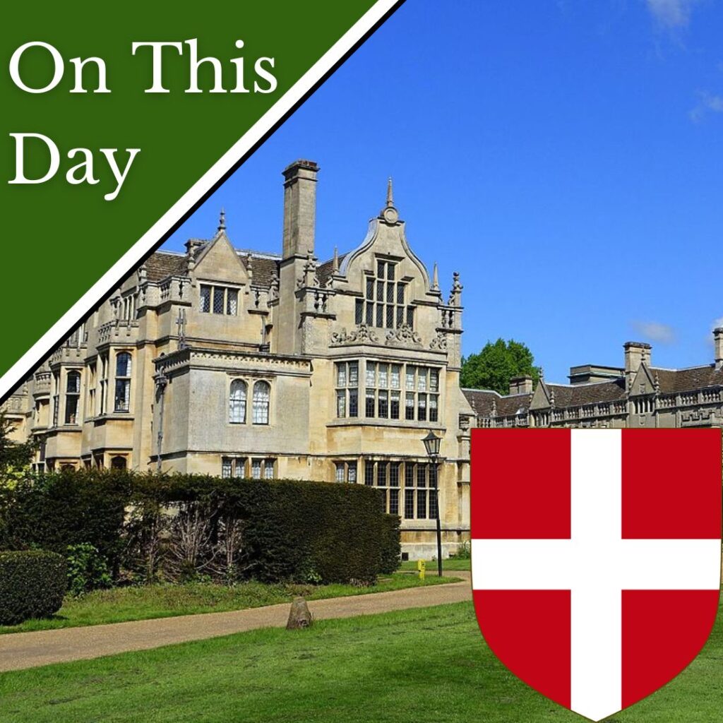 Photo of Rushton Hall and the coat of arms of the Knights Hospitaller - a white cross on a red background