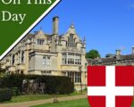 Photo of Rushton Hall and the coat of arms of the Knights Hospitaller - a white cross on a red background