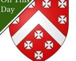 Arms of Berkeley, Gules, a chevron between 10 crosses pattée 6 in chief and 4 in base argent