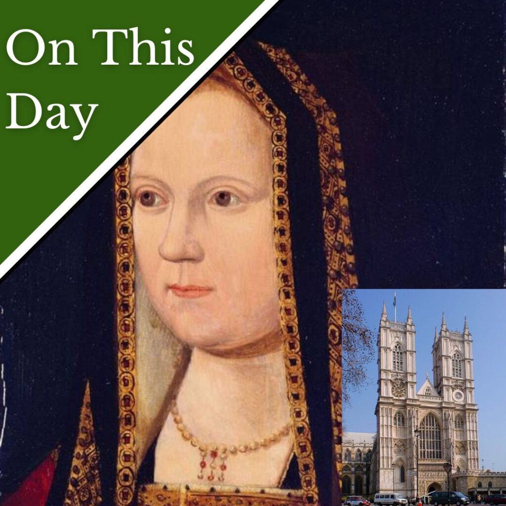 A portrait of Elizabeth of York with a photo of the front of Westminster Abbey, her resting place
