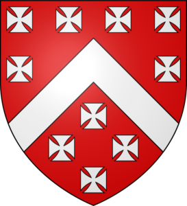 Arms of Berkeley, Gules, a chevron between 10 crosses pattée 6 in chief and 4 in base argent