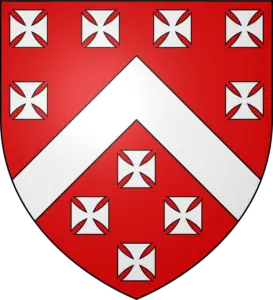 Arms of Berkeley, Gules, a chevron between 10 crosses pattée 6 in chief and 4 in base argent