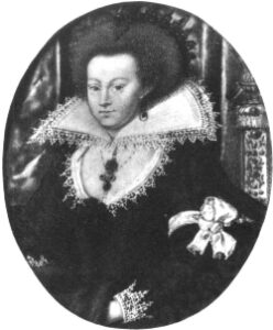 A black and white photo of a miniature of Elizabeth Carey (née Spencer), Baroness Hunsdon, by Nicholas Hilliard.