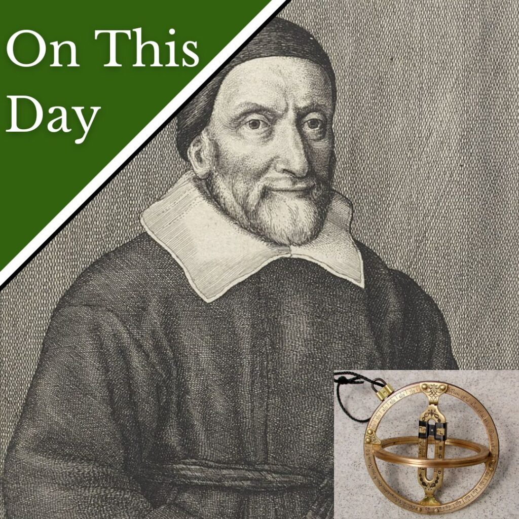 Engraving of William Oughtred along with a photo of a ring sundial, which he is thought to have invented