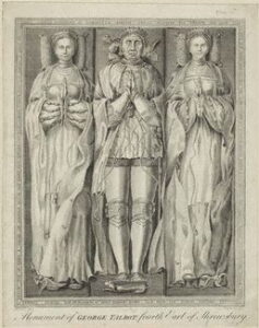 Drawing of the effigy of George Talbot on the Talbot monument in the Shrewsbury Chapel, Sheffield Cathedral. His first wife Anne is on his right side and his second, Elizabeth, on his left.