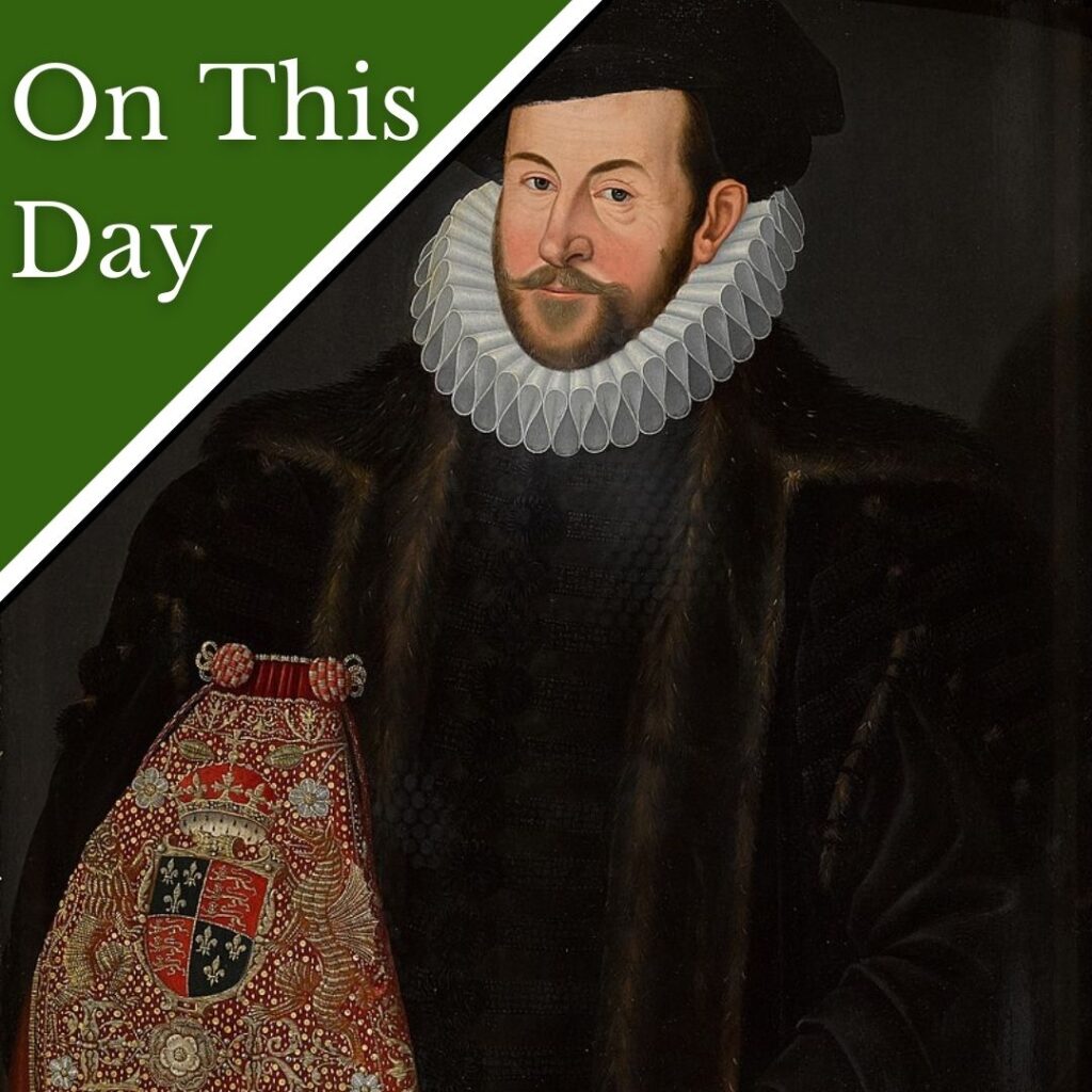 Sir John Puckering, holding the Lord Keeper's Purse embroidered with the royal arms of Queen Elizabeth I.