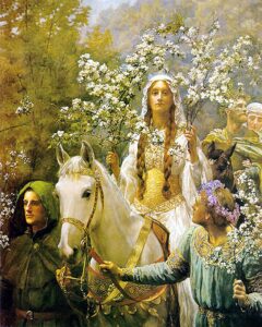 The painting "Queen Guinevere's Maying" by John Collier, depicting Guinevere on a white horse. She's holding branches of white blossom.