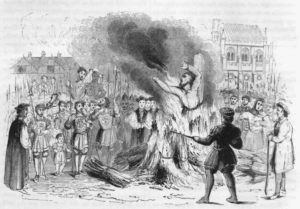 An illustration from Foxe's Book of Martyrs of the awful burning of William Flower