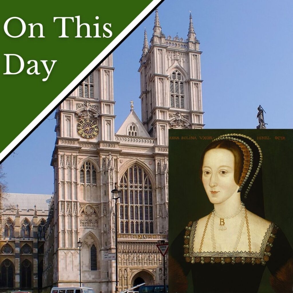 A photo of Westminster Abbey and the National Portrait Gallery portrait of Anne Boleyn