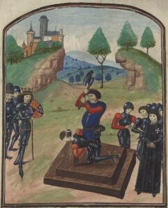 Edmund Beaufort's execution as depicted in the Histoire de la rentrée victorieuse du roi Edouard IV en son royaume d'Angleterre
