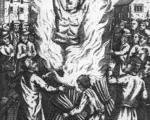 Thomas Hawkes clapping his hands above his head in an illustration from John Foxe's Book of Martyrs