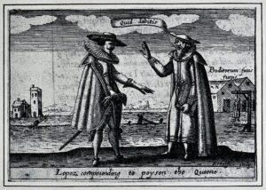 An engraving of Roderigo Lopez and a Spaniard plotting to poison Elizabeth I