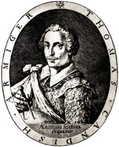 An engraving of Thomas Cavendish from Henry Holland's Herōologia Anglica (1620).