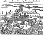 A woodcut of the burnings of Anne Askew, John Lascelles, Nicholas Belenian and John Adams from John Foxe's Book of Martyrs
