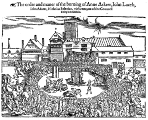A woodcut of the burnings of Anne Askew, John Lascelles, Nicholas Belenian and John Adams from John Foxe's Book of Martyrs