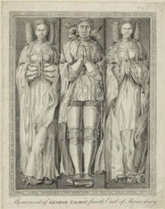 Effigy of George Talbot on the Talbot monument in the Shrewsbury Chapel, Sheffield Cathedral. His first wife Anne is on his right side and his second, Elizabeth, on his left.
