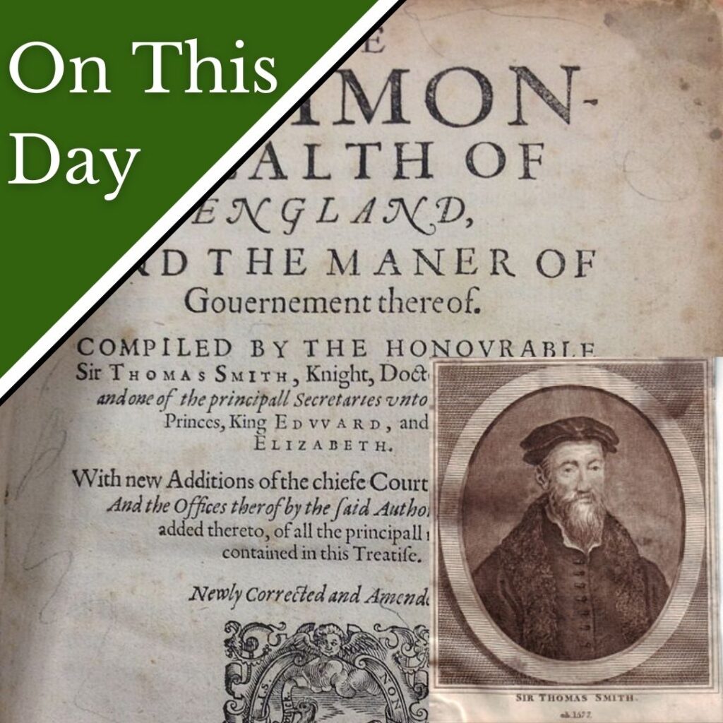The title page of the 1609 edition of The Commonwealth of England by Sir Thomas Smith with a 19th century engraving of Smith