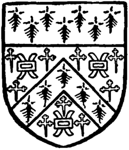Kingsmill shield. Argent crusilly fitchy sable a cheveron ermine between three mill-rinds sable and a chief ermine.
