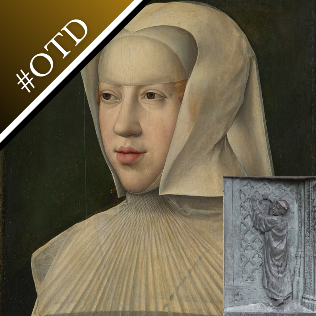 Portrait of Margaret of Austria and a photo of a bronze relief of martyr Thomas Dusgate (Benet)