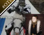 Photo of a re-enactor jousting and a portrait of Elizabeth I