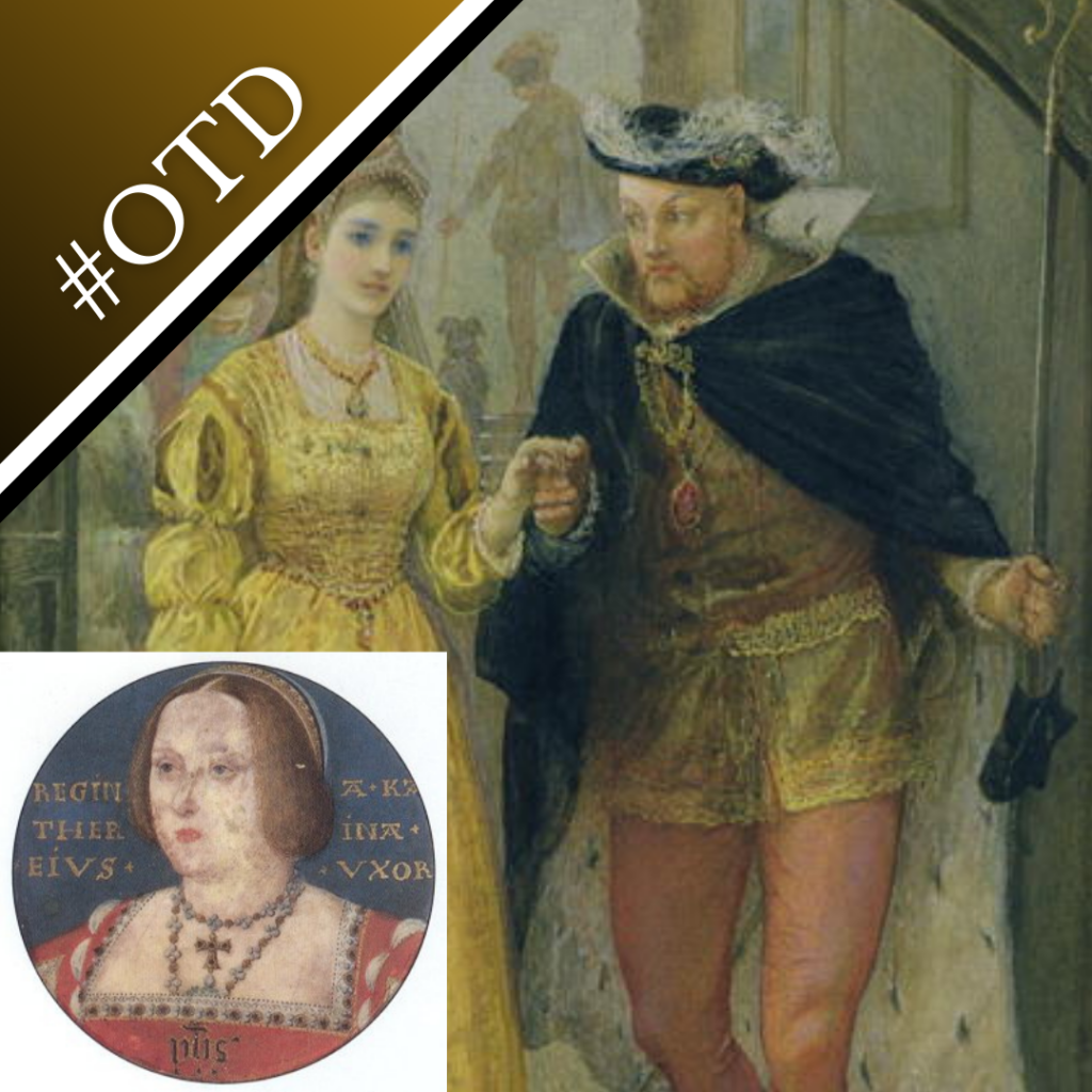 A painting of Henry VIII and Anne Boleyn wearing yellow, along with a miniature of Catherine of Aragon