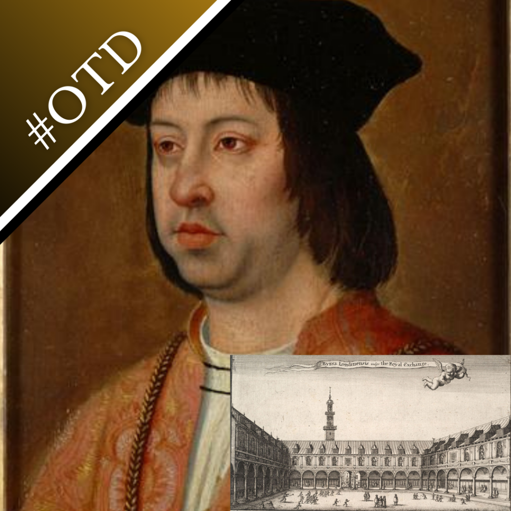 A portrait of Ferdinand II of Aragon by Michel Sittow and an engraving of the original Royal Exchange by Wenceslas Hollar