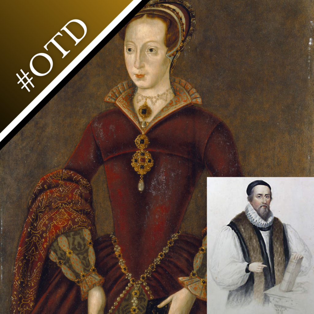 A portrait of Lady Jane Grey and a coloured engraving of Bishop John Hooper