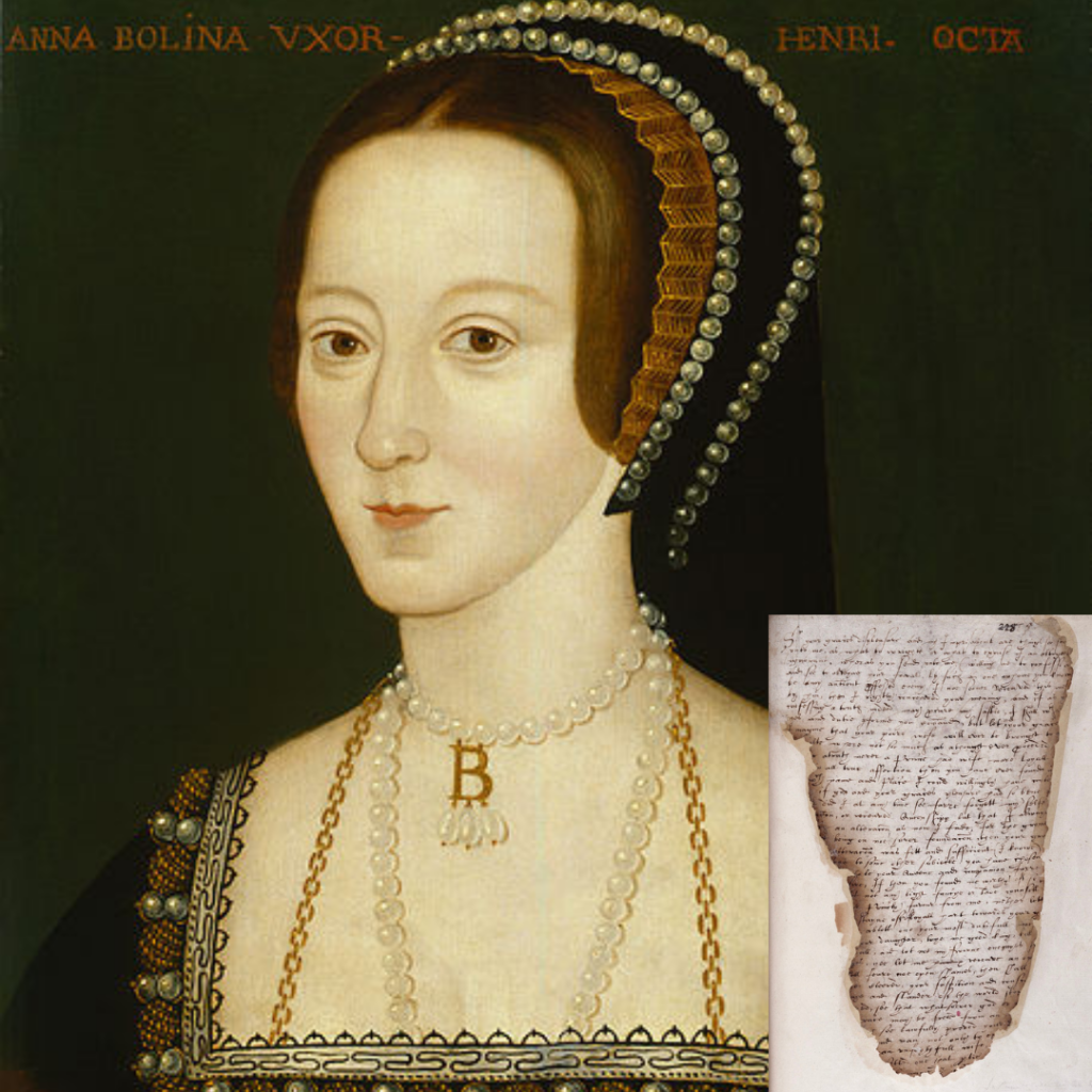 The NPG portrait of Anne Boleyn with a photo of part of The Lady in the Tower letter