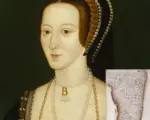 The NPG portrait of Anne Boleyn with a photo of part of The Lady in the Tower letter