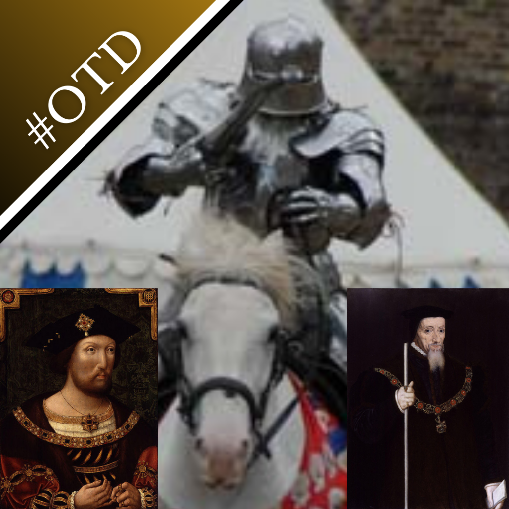 A photo of a re-enactor jousting and portraits of Henry VIII and William Paulet