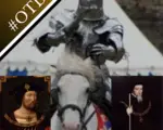 A photo of a re-enactor jousting and portraits of Henry VIII and William Paulet