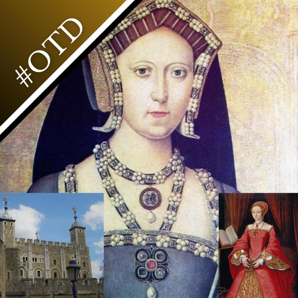 Portraits of Mary Tudor and a young Elizabeth I, and a photo of the Tower of London