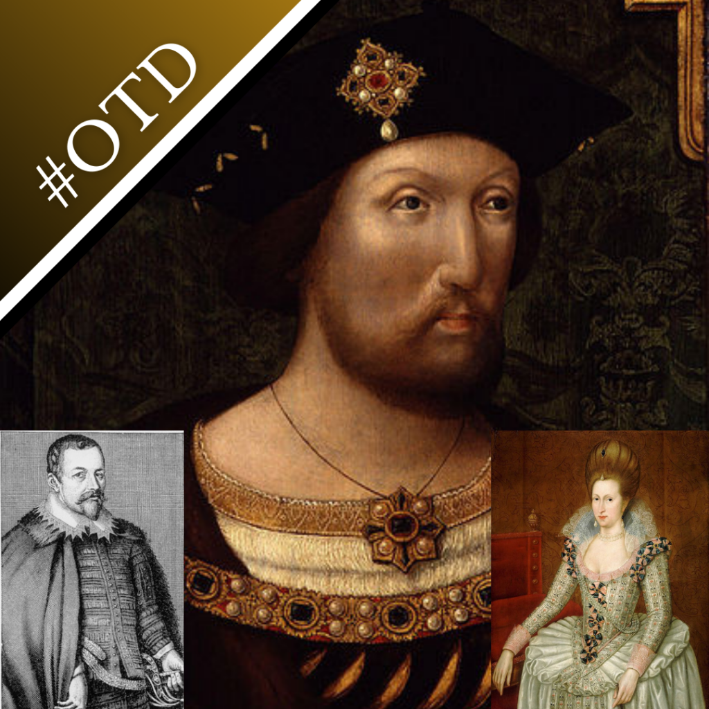 A portrait of a younger Henry VIII, an engraving of Sir Thomas Bodley, and a portrait of Anne of Denmark