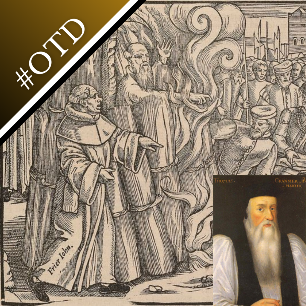 An engraving of the burning of Archbishop Cranmer and a portrait of him
