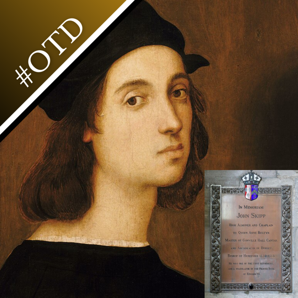 A self-portrait of Raphael and a photo of a memorial to John Skip in Hereford Cathedral
